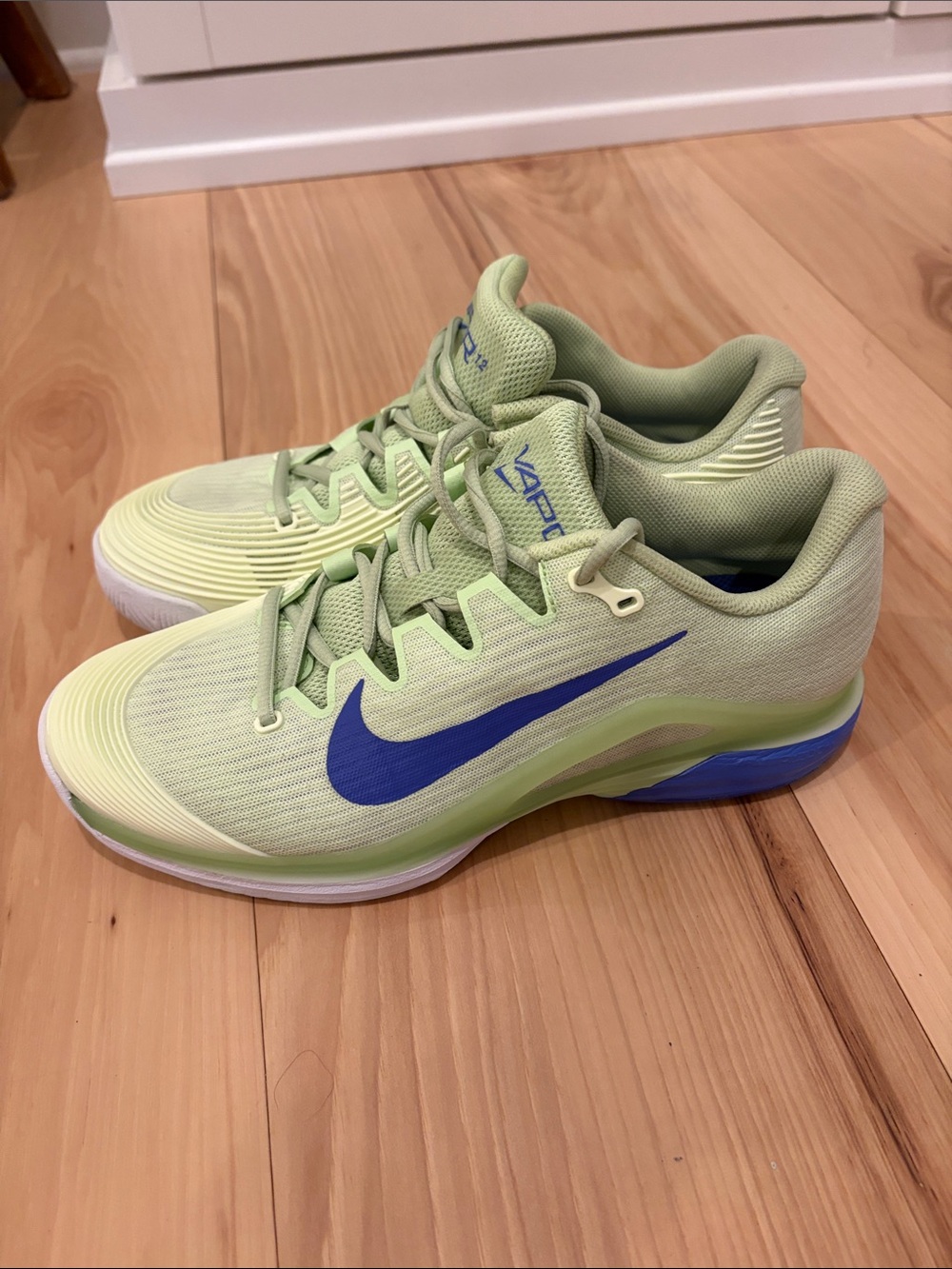 Women’s Nike Zoom Vapor 12 Tennis Shoes - Pale Yellow with Blue Swoosh size 10